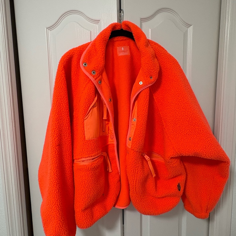Bright Pinkish-Orange Free People Fleece Jacket